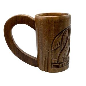 Vtg PHILIPPINE ISLAND Carved Wood Mug Tiki Bar Luau Theme Island Scene 6"